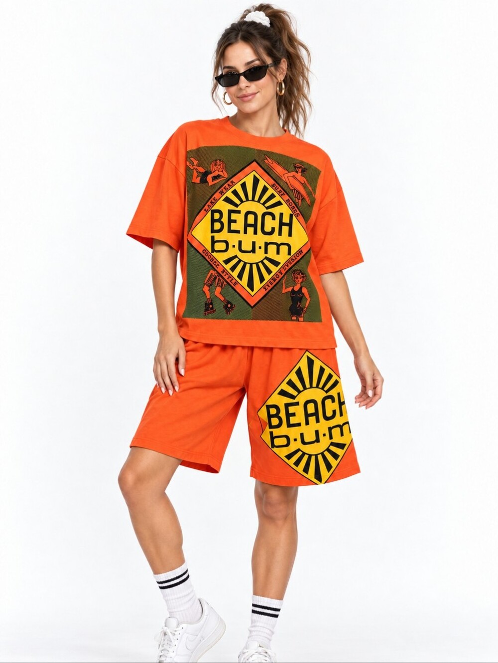 Vintage Blue Diamond Beach Bum Orange Graphic T-Shirt Shorts Set One Size
